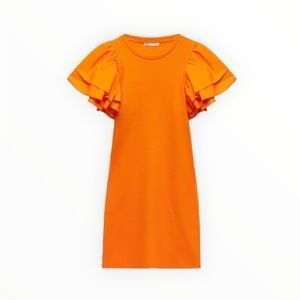 NWT Zara Orange Ribbed Ruffle Sleeve Dress. Size M.